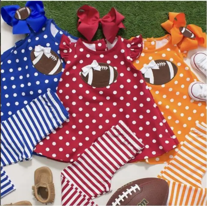 

multi color Fall/Winter outfits American football girls children clothing embroidered short top striped pant match accessories