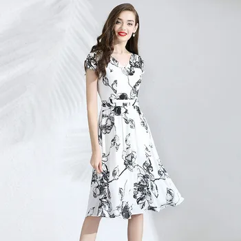 

Summer Dress Chiffon 2019 Women's Black And White Printed V-Neck Short Sleeves Slim Elegant Dress Knee Length M-XXL