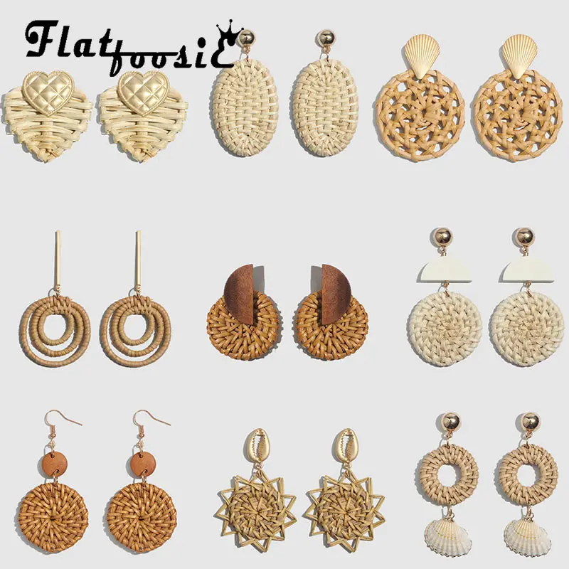 

Flatfoosie New Boho Handmade Rattan Drop Earrings Wooden Straw Weave Shell Vine Braid Geometric Round Earrings For Women Jewelry