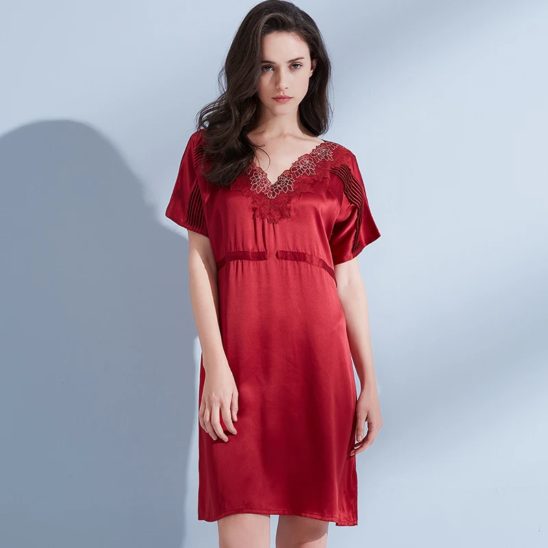 

Red 100% Real Silk Nightgowns For Women Lace Solid V-Neck Natural Silk Night Dress Ladies Loose Thin Summer Pure Silk Nightdress