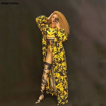 

Bright Yellow printing Jumpsuit Women Birthday Bar Dance Clothes Nightclub Dance Female Singer Show Bright Bodysuit Sexy Dress