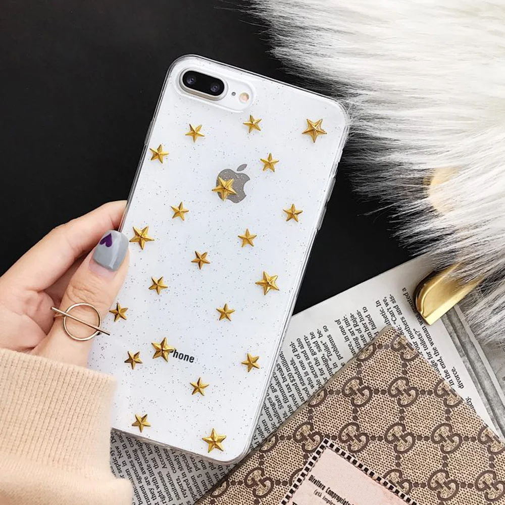 

JAMULAR Gold Stars Phone Case For iphone 6 6s 7 X 8 Plus Transparent Soft Silicone Back Cover For iphone X Bling Glitter Fundas
