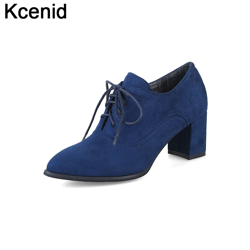 

Kcenid Large size 32-48 shoes woman high heels cross-tied ladies shoes fashion pointed toe flock casual spring autumn pumps blue