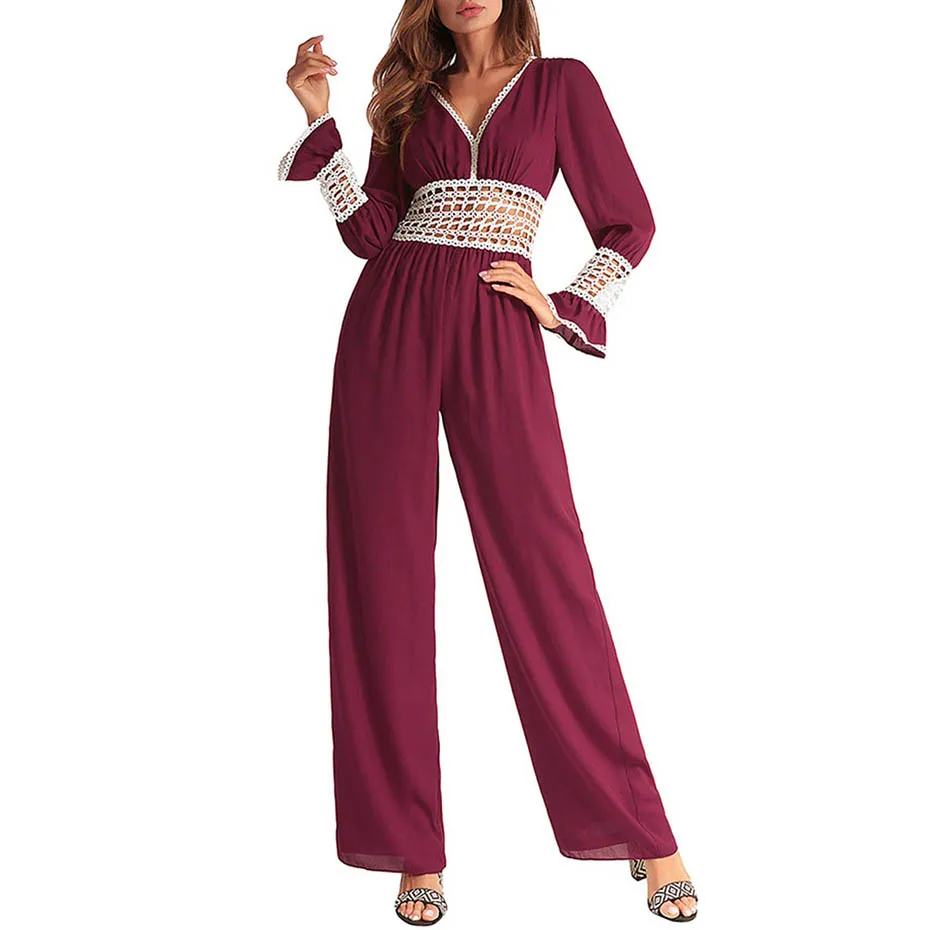 2018 Women Sexy Chiffon Jumpsuits V Neck Lace Hollow Out Long Sleeve