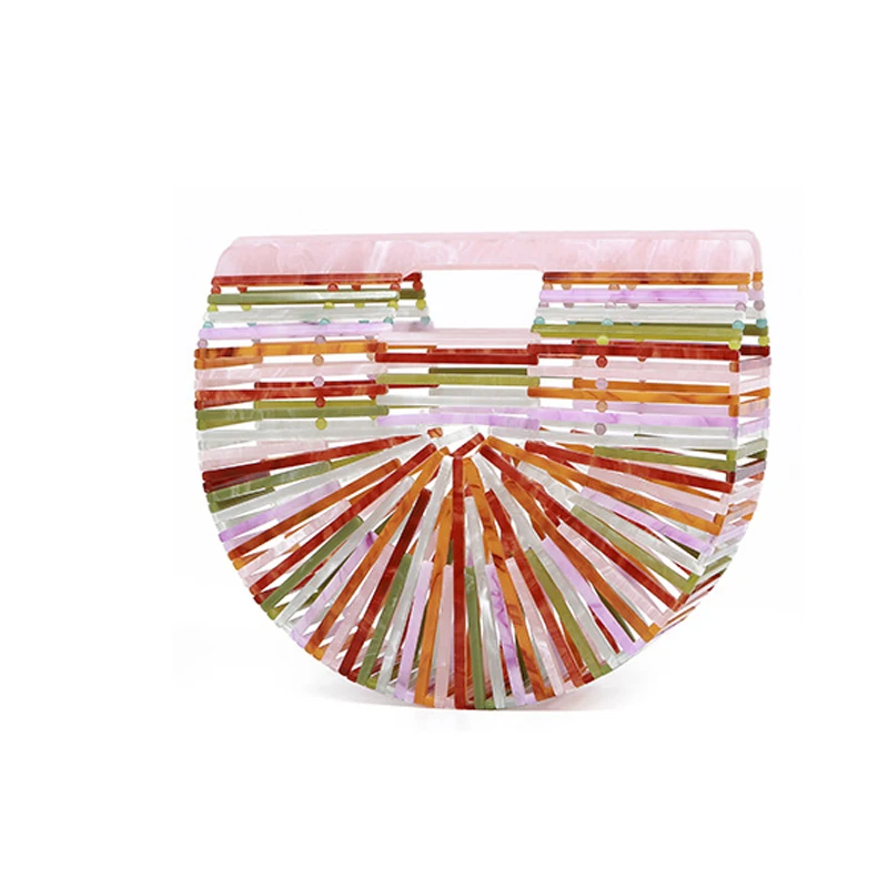 

Women Day Cluthes Purse Transparent Beach Bag Acrylic Half Round Box Shape Female Summer Handbag Party Wedding Bags Hollow Out