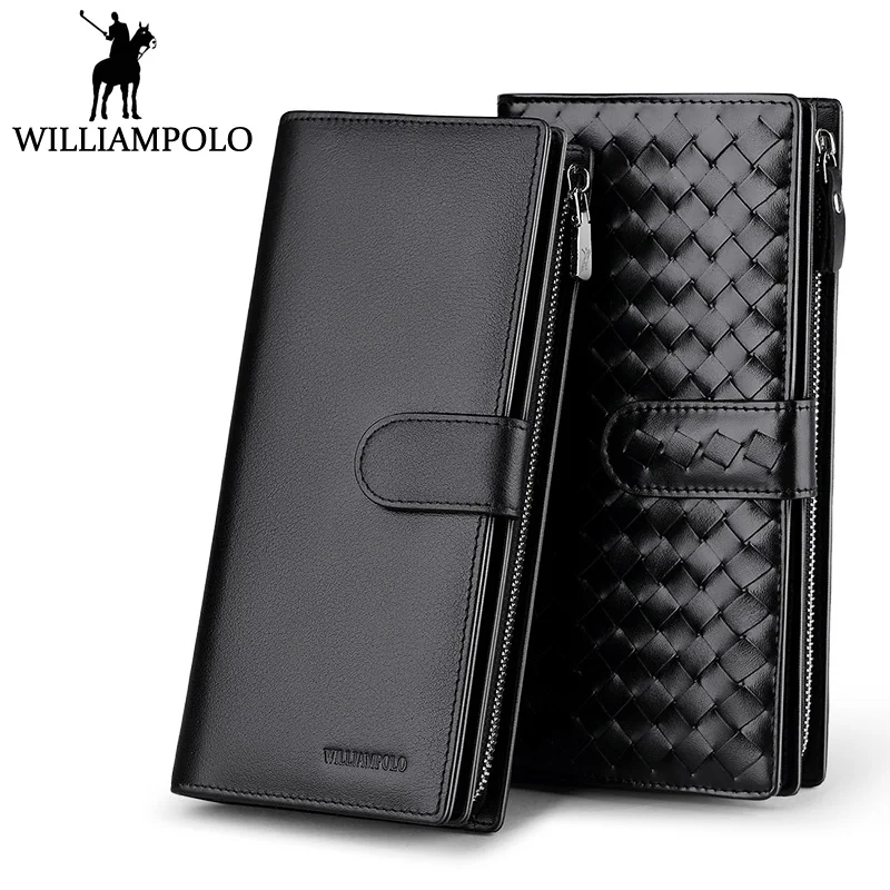 

WILLIAMPOLO Genuine Leather Phone Wallet Men Dress Business Male Handy Clutch Bag Card Holder Weaving Long Zippy Wallet Case