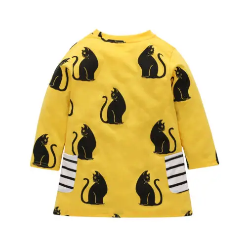 Kids Baby Girl Animal Cat Full Printed Party Pageant Princess Tutu Long Sleeve Cotton Yellow Dress Clothes | Детская одежда и