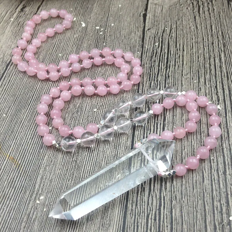

YA3134 Double Point Quartzs Rose Quartzs Beads Knot Handmade Necklace