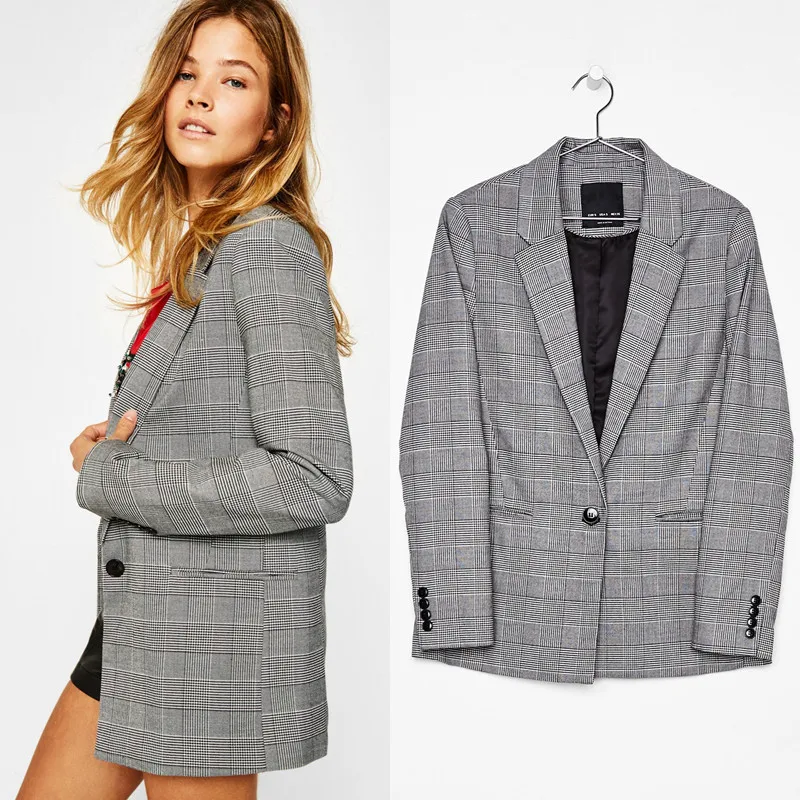 

2019 Vintage single breasted Plaid Women Blazer Pockets Jackets Female Retro Suits Coat Office Lady Feminino blazers Outerwear