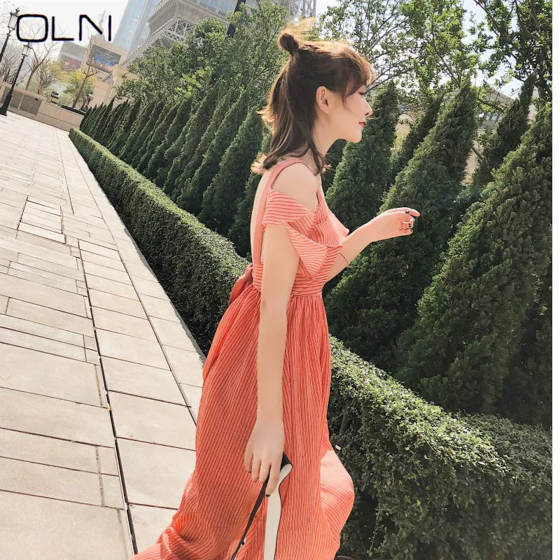 OLN, пляжное платье, корейское, vestidos, летнее, новое, длинное платье, для морского отдыха, тонкое, богемное платье, с воротником, сексуальное, на бретельках