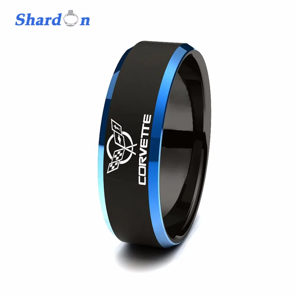 

SHARDON 8mm Black Beveled Two-Toned Tungsten Carbide comfort fit laser Chevrolet Chevy Corvette design Outdoor Ring for Men