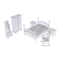 1:12 миниатюрная мебель для кукольного домика, белый модный спальный набор, 6 шт., кресло для кровати, шкаф, комод, зеркало, WB059
