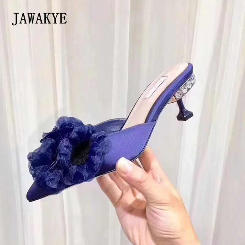 

2018 Flower Luxury Satin Gladiator Sandals Woman Pointed Toe Rhinestone Heel Shoes Woman Muller Shoes