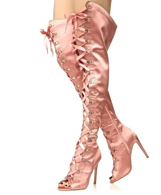2018 Spring New Fashion Pink Satin Women Over The Knee Boots Sexy Open Toe Ladies Lace Up High Heel Boots Knight Style Boots 2018 Spring New Fashion Pink Satin Women Over The Knee Boots Sexy Open Toe Ladies Lace Up High Heel Boots Knight Style Boots
