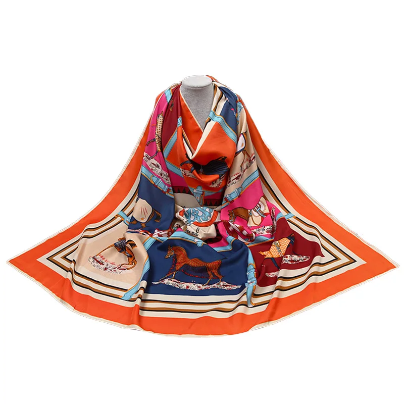 Твил шелковый шарф для женщин полосатый принт квадратные шарфы 100*100 см брендовая качественная женская бандана подарок Супер Большие шали из фуляра