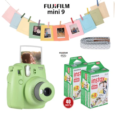 Горячая Fujifilm Instax Mini 9 набор камер, набор пленочных фотокамер, фотокамера моментальной печати с 40* пленкой+ фоторамкой+ зажимом+ шнуром - Цвет: Lime Green