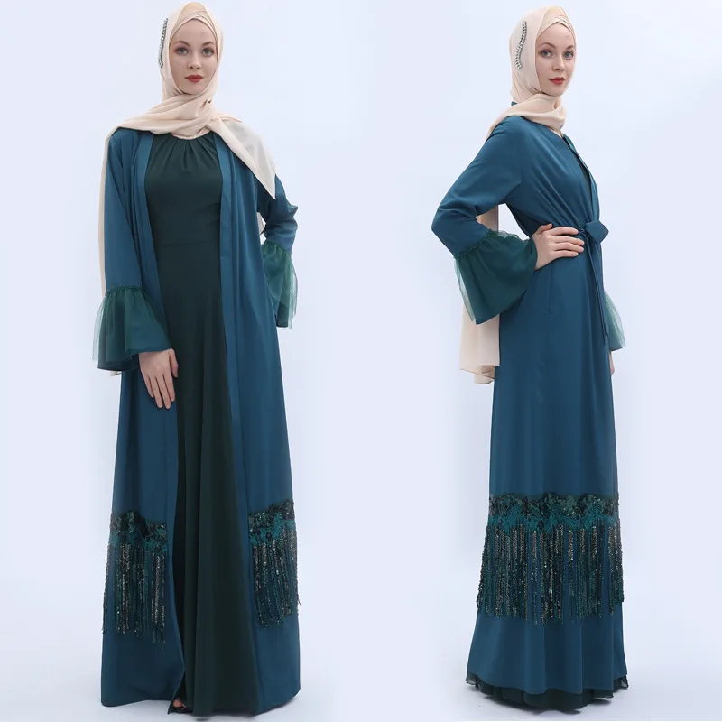 Элегантное мусульманское платье с блестками abaya кардиган-кимоно с кисточками свободные длинные халаты Jubah на Среднем Востоке Eid Рамадан