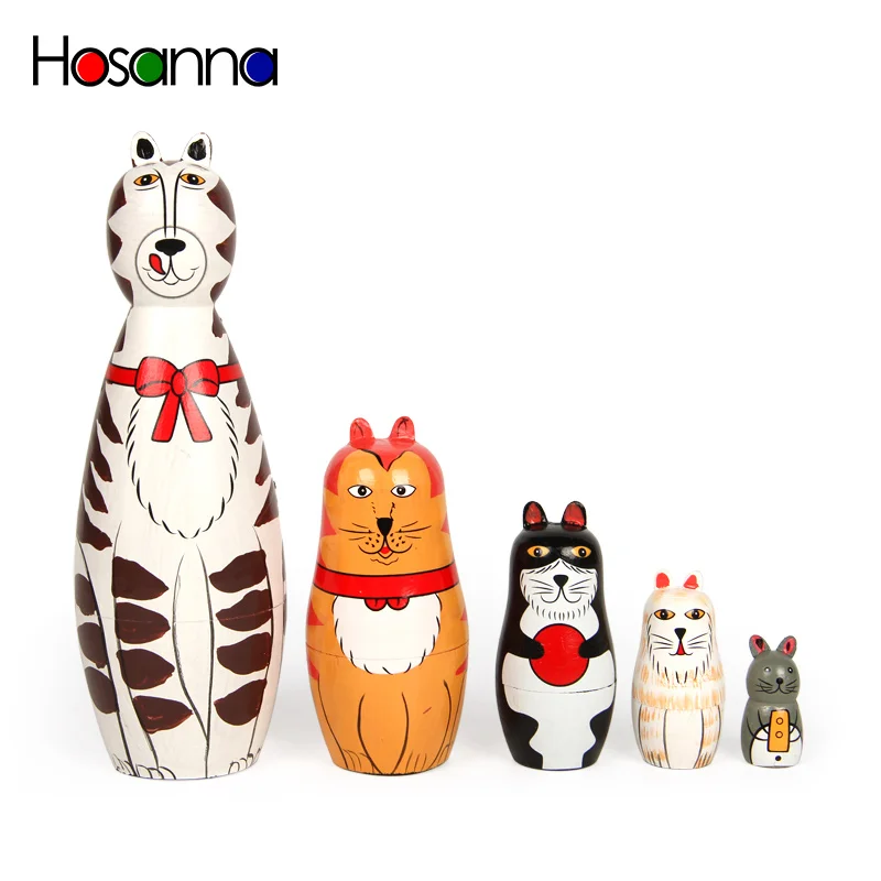 

Kitten Russian Stacking Nesting Matryoshka Dolls Set Wooden Hand Paint Decoration Cat Collections Toys for Kids Christmas Gift