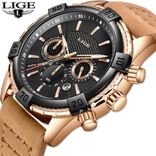 LIGE – montre-bracelet en cuir pour hommes, marque de luxe, Quartz or, étanche, style militaire, 2019