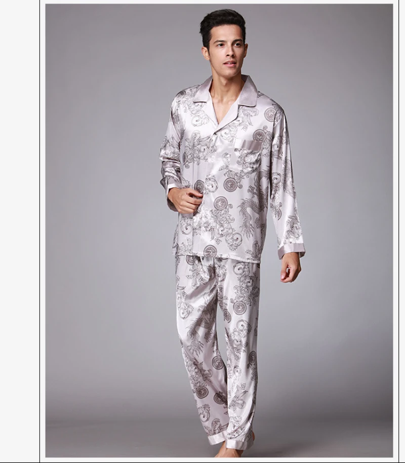 SSH004 High Quality Printed Wedding Mens Pajamas Satin Silk Nightgown Sleepwear Spring Autumn Male Full Sleeves Pants Pajama Set plus size silk pajamas