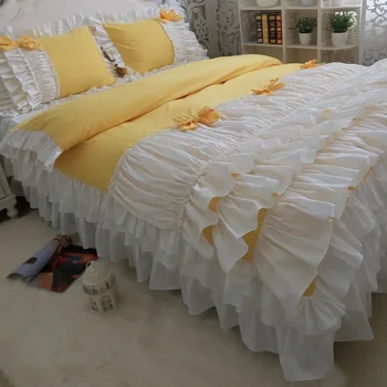 

Yellow and white color Bows cotton luxury princess Bedding 4pcs sets cake Ruffle Bedskirt Duvetcover Pillowcase Wedding Bedding