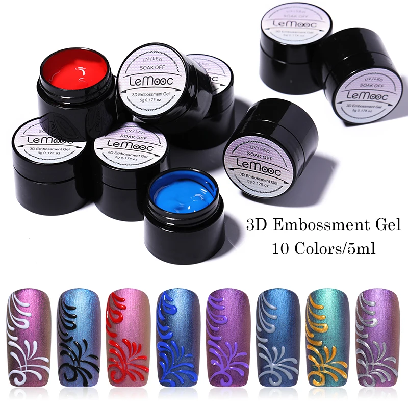 

LEMOOC 5ml Embossment Gel 3D Emboss Drawing Painting Gel Silver Gold Colors DIY Soak Off Nail Art Gel Polish Varnish