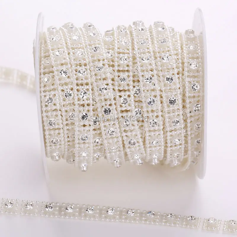 1yard 10mm Ivory Square Pearl Rhinestone Chain Trims Sewing Costume