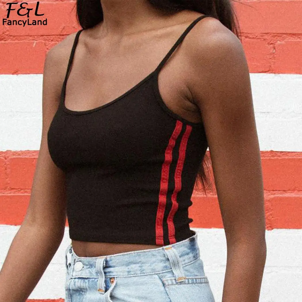 Black Casual Short Crop Top Women Summer Tops Stripped Basic Spaghetti Strap Camisole Sporting Womens Camis Crop Tops for Female - Цвет: Black