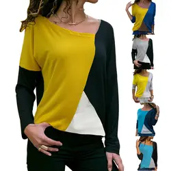 Осень шик streewear футболка с длинным рукавом для женщин sasual Твердые лоскутное с круглым вырезом Регулярные Женская одежда футболки
