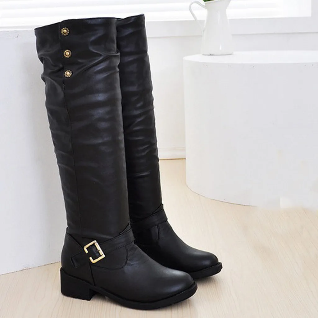 winter shoes women leather over the knee boots black ladies boots low heel winter boots women waterproof botines mujer 7#3.5