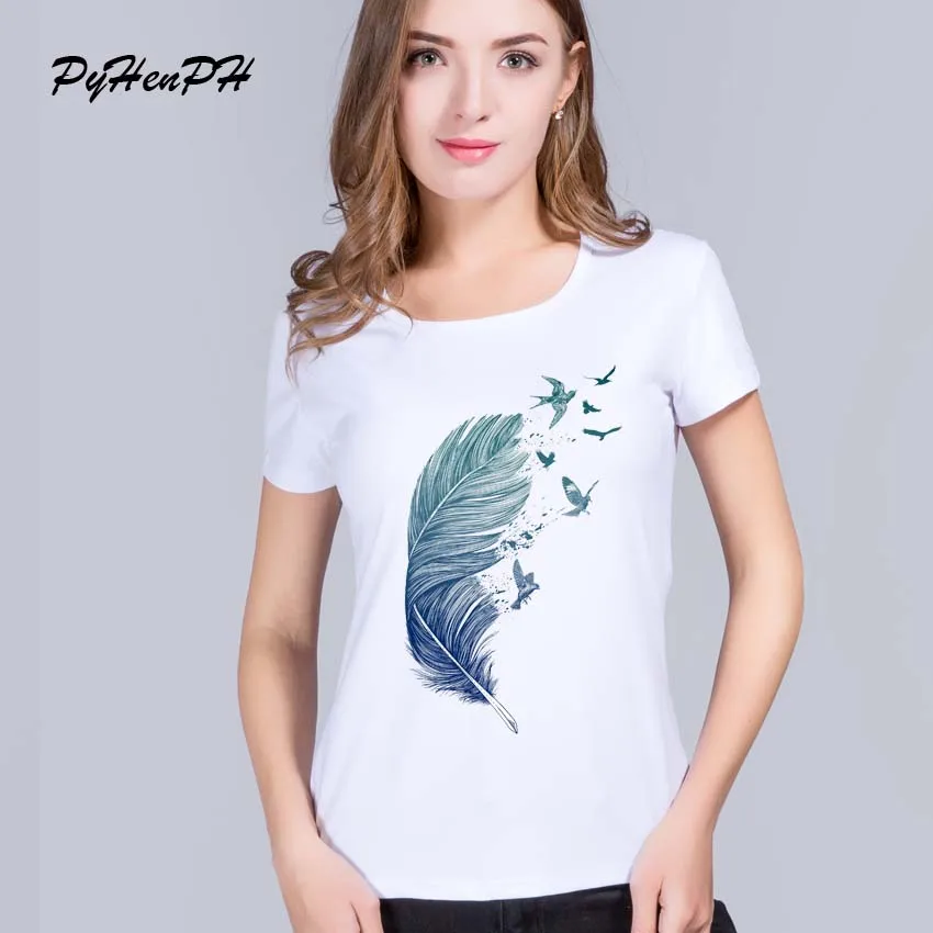 

PyHenPH New Fly Away T Shirt women Blue feather Design T-shirt Casual Funny Hispter cool women tee Short Sleeve tops