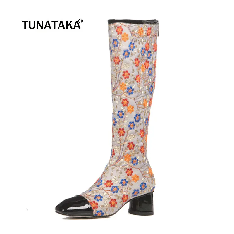 

Women National Embroidery Comfort Thick Heel Knee High Boots Fashion Zipper Square Toe Fall Winter Shoes Black White