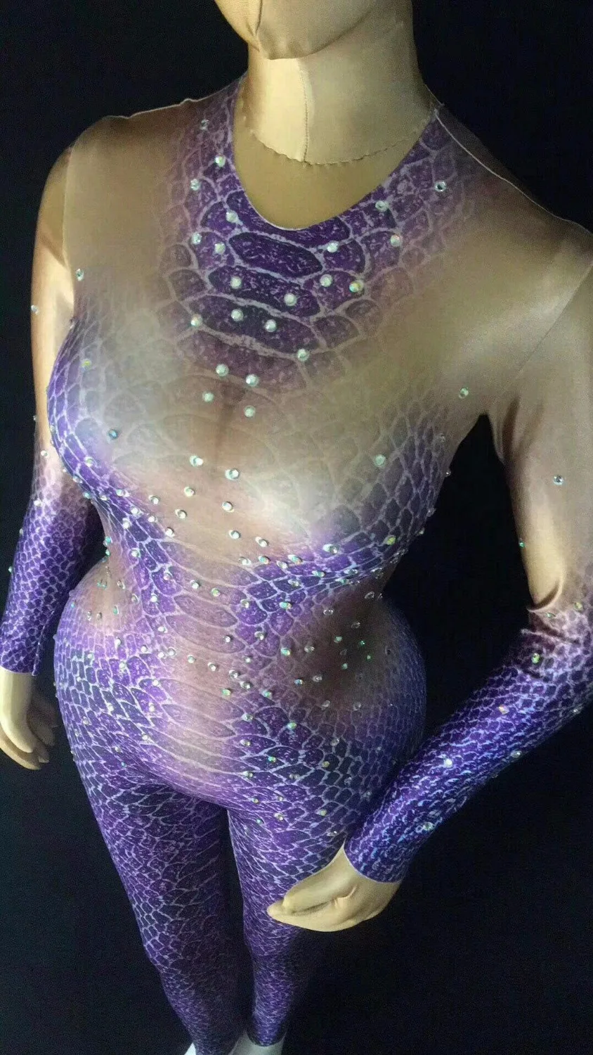 Stylish Snake Striae Pattern Purple Jumpsuit Sexy Stones Stretch Outfit Nightclub Singer Dancer Party Bodysuits Women's Clothes