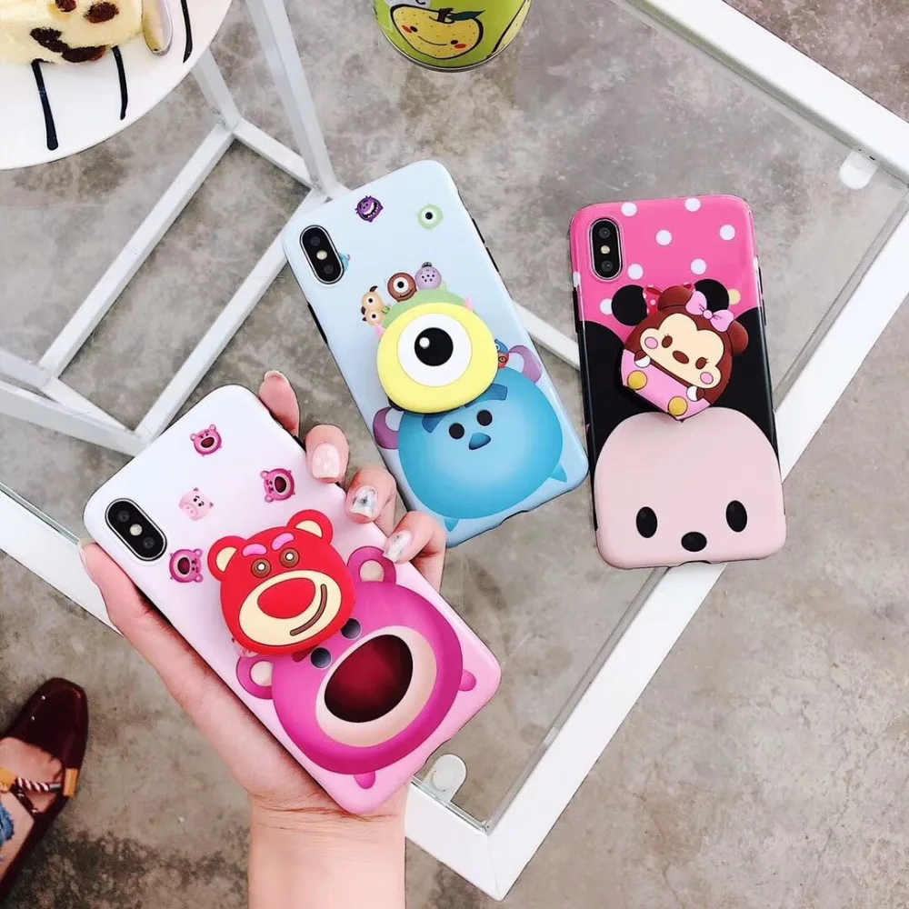 

Japan cartoon cute Minnie Bear Big Eyes+Extended Bracket Glossy Silico cover case for iphone 6 7 8 plus X XR XS MAX phone cases