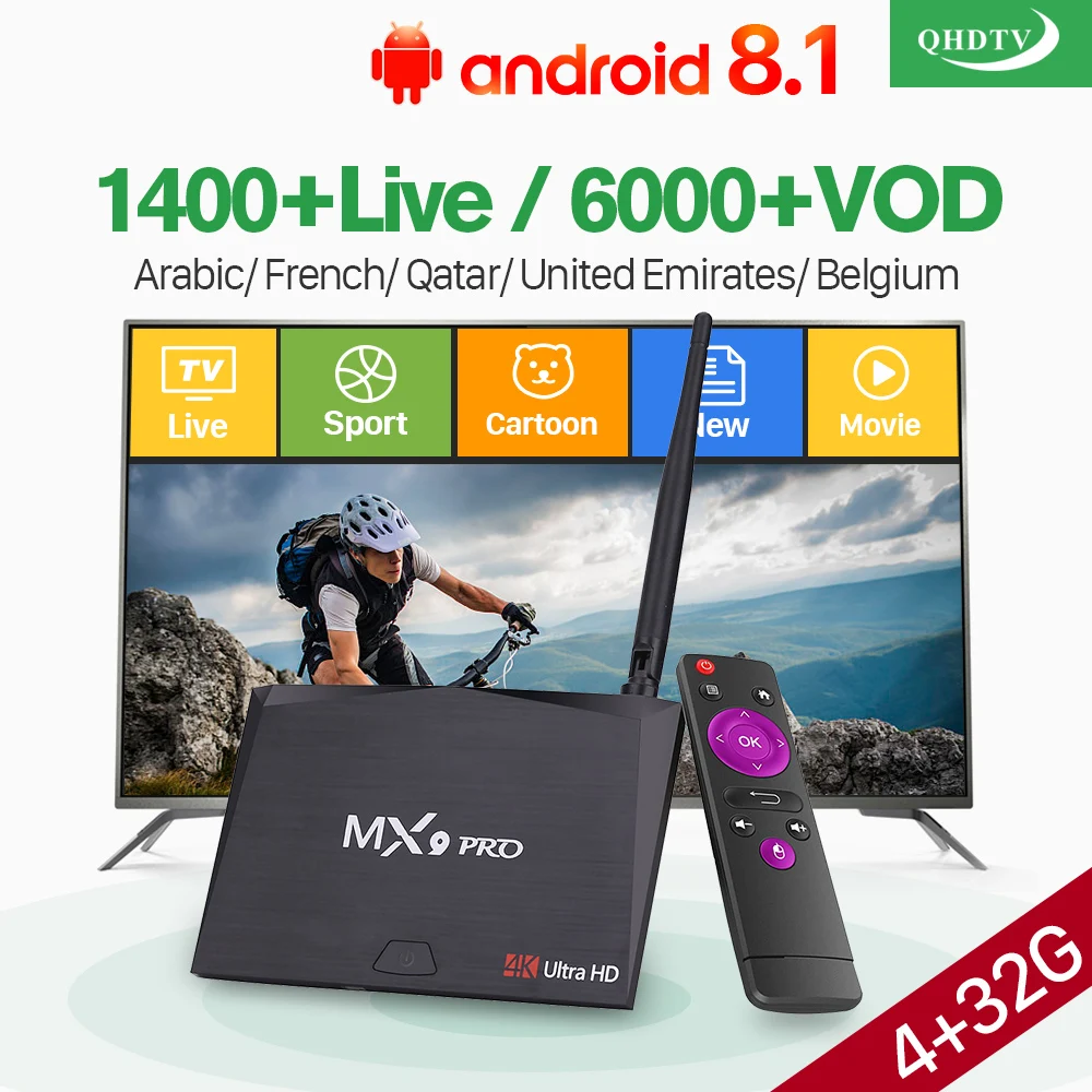 

IPTV Box Android 8.1 RK3328 MX9 Pro 4G 32G Box with QHDTV IPTV Code 1 Year France Arabic Holland Italia IP TV French Belgium