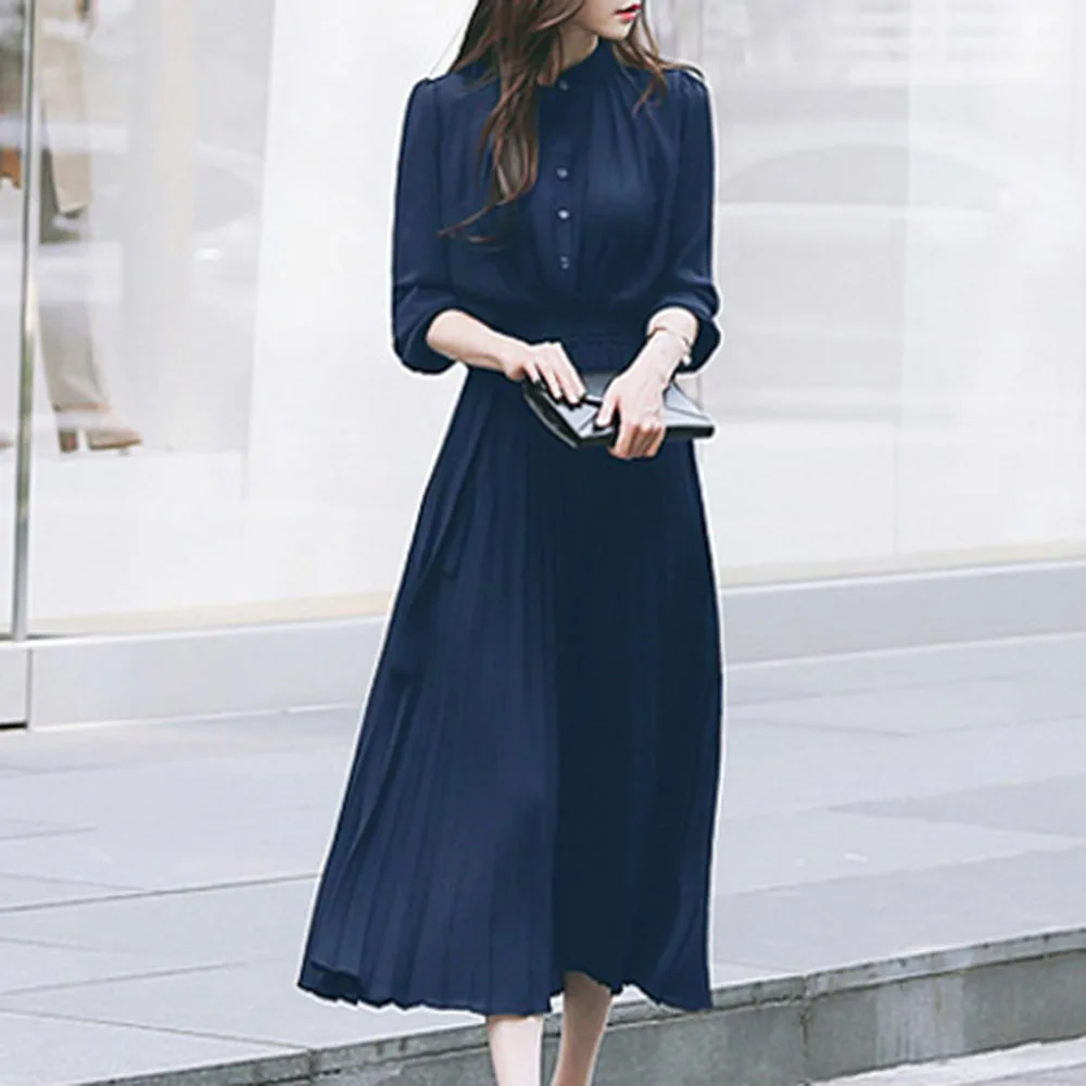 Летнее повседневное элегантное офисное женское корейское синее винтажное длинное Плиссированное простое женское платье с высокой талией ретро Макси платье - Цвет: Синий