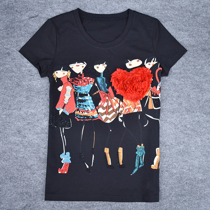 Топ продаж, женские футболки с коротким рукавом, пять мультяшных принтов, сорочка с цветочной аппликацией, модная футболка, женская футболка