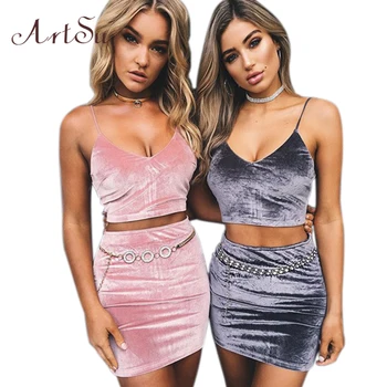 

ArtSu Two Piece Dress Set Velvet Crop Top and Mini Skirt Women Spaghetti Strap Bodycon 2 Piece Set Summer Outfit ASSU60001
