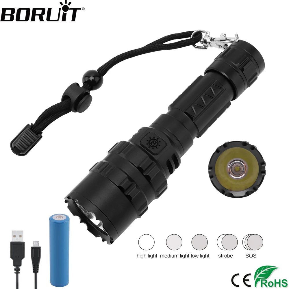 

BORUiT XM-L2 LED Flashlight 5-Mode USB Charger Torch Max 1000LM IPX4 Waterproof Lantern Camping Flash Lamp by 18650 Battery