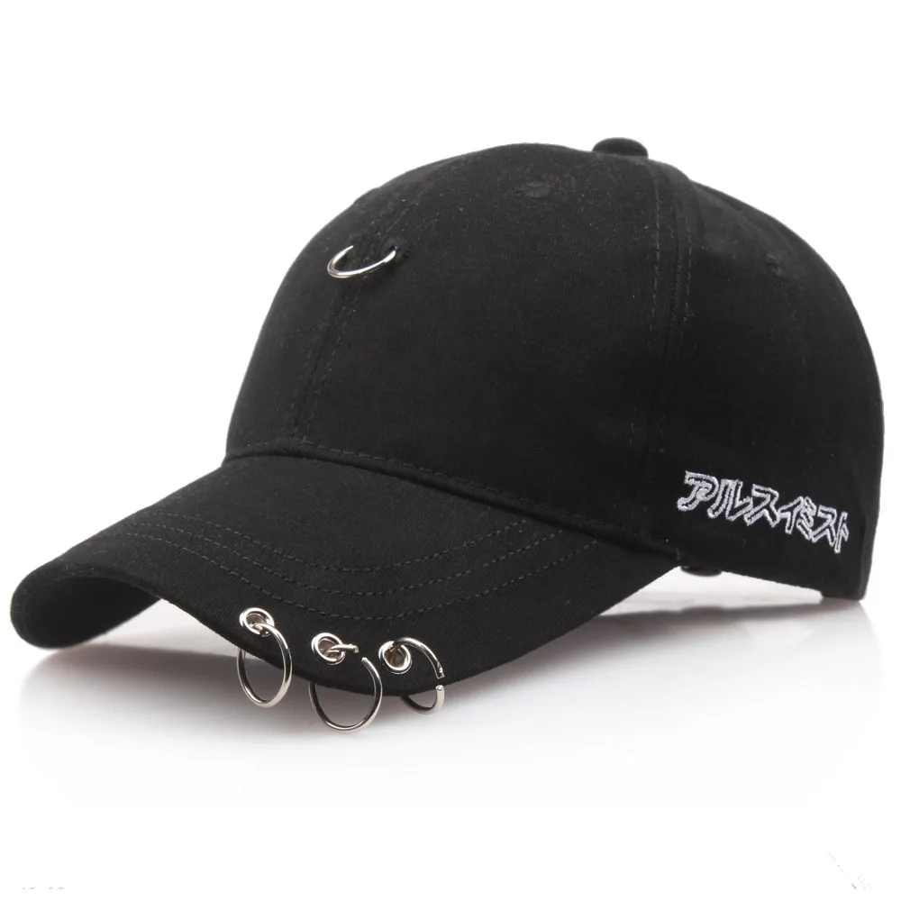 

1PC Fashion Simple Black Baseball Cap with Rings Spring Summer For Men Women Hip Hop Sports Sunshade Cotton Duck Tongue Hat H18