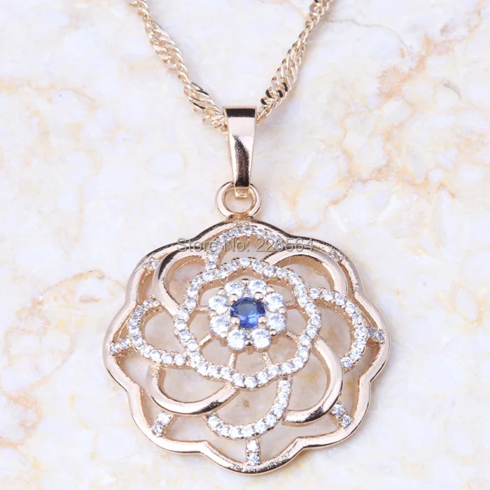 

Blue Flower Pendant Necklace Gold Colour Zircon Fashion Jewelry D016