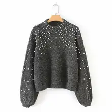 Winter Round Neck Sweaters Pearl Beading Sweater Warm Women Jumper Female Loose Gray Pullover Pull Knitted plus pearl beading bell sleeve jumper