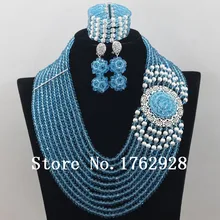 Светло-голубые африканские нигерийские бусы комплект ювелирных изделий Посеребренная блестящая ожерелье браслет серьги набор C000559