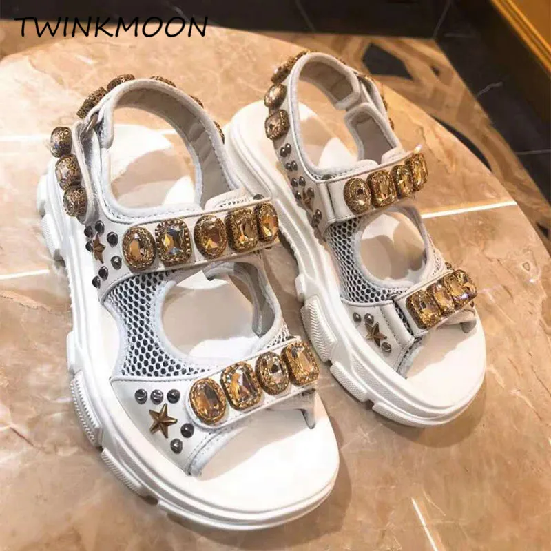 Big Rhinestone Chunky Sandal Women Platform Crystal 2019 Summer Ladies Shoes Thick Sole Height Increasing Mesh Casual Sandal