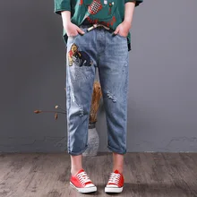 QPFJQD Женские повседневные рваные джинсы с мультяшной вышивкой, штаны-шаровары, женские джинсовые брюки со шнуровкой и шнурком, Vaqueros Mujer