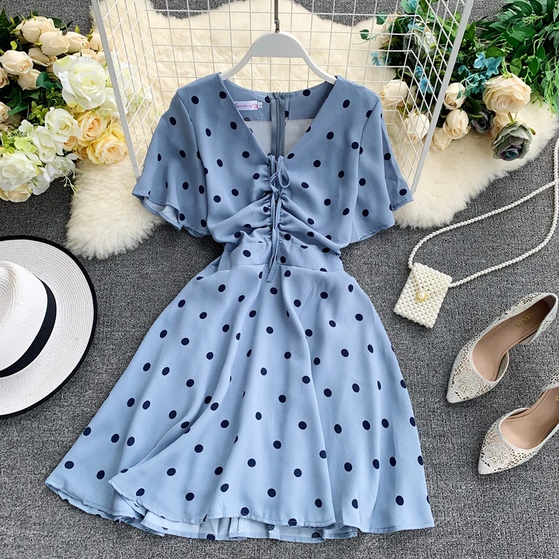 

2019 New Dot Point Dress Women Slim High Waist Short Sleeve Vintage Summer Dresses Ladies V Neck Korean Beach Robe Vestidos