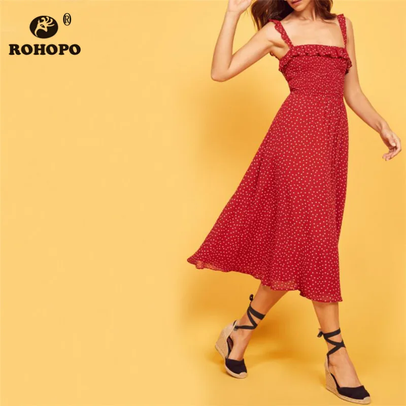 

ROHOPO Summer Red Chiffon Elegant Midi Dress Spaghetti Strap Polk Dot Flared Slip Side Ruffles Pleated Dress #YY476C