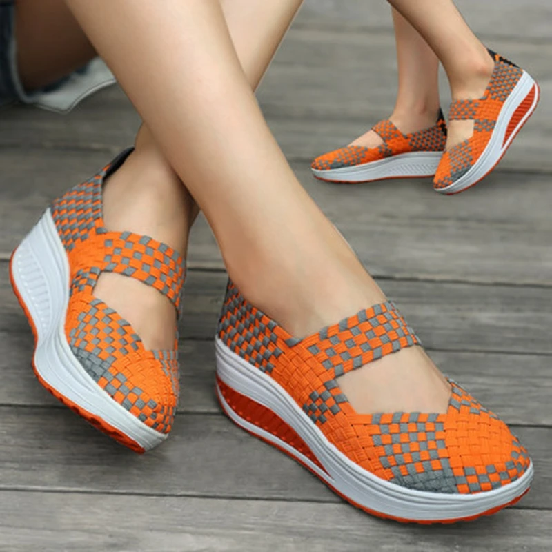 SWYIVY Women Slimming Shoes Woven Breathable Slip-on Sneakers New Wedge Height Increasing Female Toning Swing Shoes