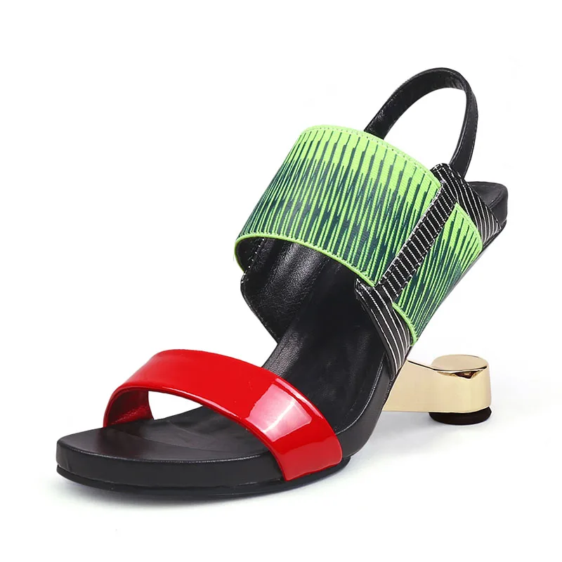 A-BUYBEA сандалии-гладиаторы; женские босоножки на высоком металлическом каблуке; женская обувь; Разноцветные Летние женские Босоножки с открытым носком; размеры 34-39 - Цвет: red green