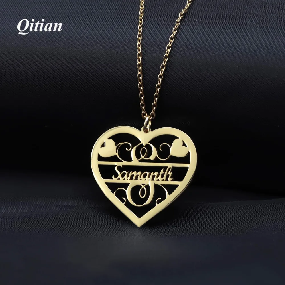 

Vintage Name Heart Necklace For Women Gold Color Stainless Steel Custom Jewelry Wedding Gift